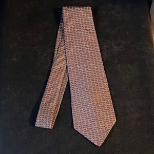 YSL Yves Saint Laurent silk Men’s tie geometric print gray tan red Fashionbar